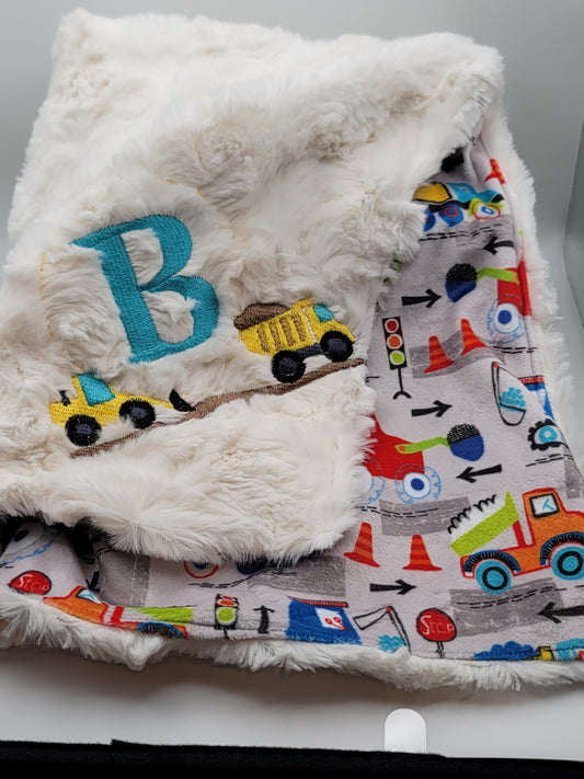 Handmade Letter "B" Cars, Trucks, and Trains Personalized Blanket