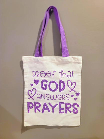 Proof that God Answers Prayers | Purple Affirmation Canvas Tote & Matching Pouch Set | Inspirational Reusable Bag by Fear Meets Joy